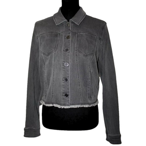 Susan Graver Gray Stretch Denim Jacket L with Frayed Hem
